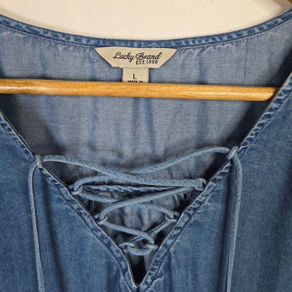 Lucky Brand Blue Lyocell Lace Up V-Neck Short Sleeve Shift Tunic Dress Large - Picture 3 of 4